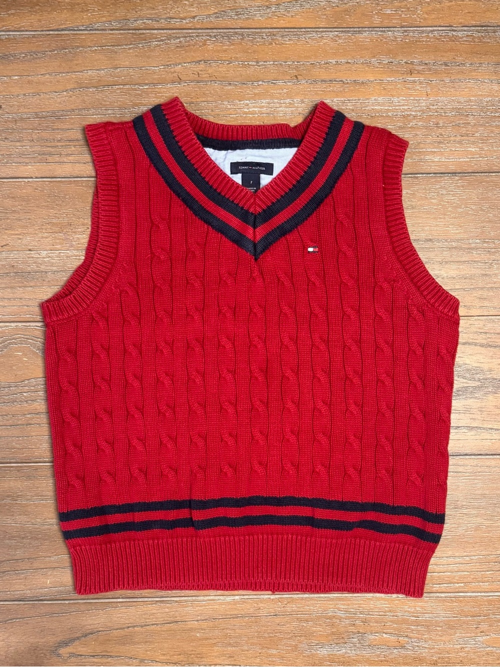 Tommy Hilfiger Red Cable-Knit V-Neck Sweater Vest with Navy Trim